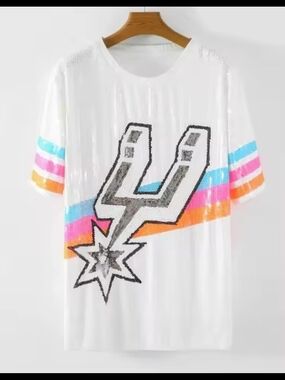 Womens White Short-Sleeve Sequined San Antonio Spurs Jersey with Spurs Logo
